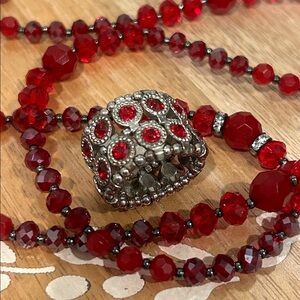WHBM Red Beaded Necklace and stretchy statement ring with Silver Accents